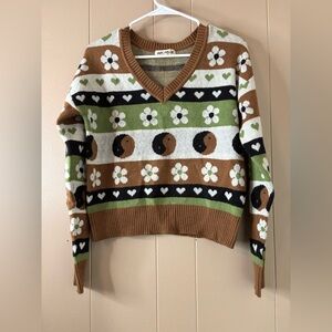 Floral Patterned V-Neck Sweater